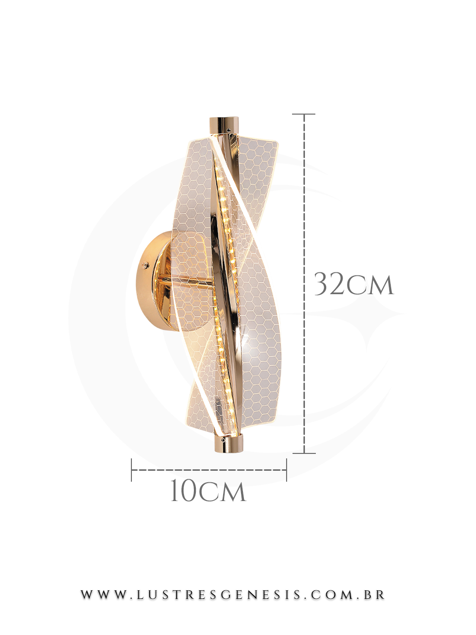 Arandela de parede moderna Trinket Colmeia dourada com detalhes em colmeia, medindo 32 cm de altura por 10 cm de largura, ideal para cabeceira de cama, garagem, corredor e lavabos.